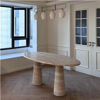 Oval Shaped Light Travertine Dining Table