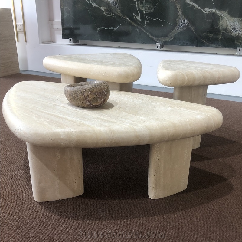 Round-Sided Triangle Shaped Travertine Coffee Table