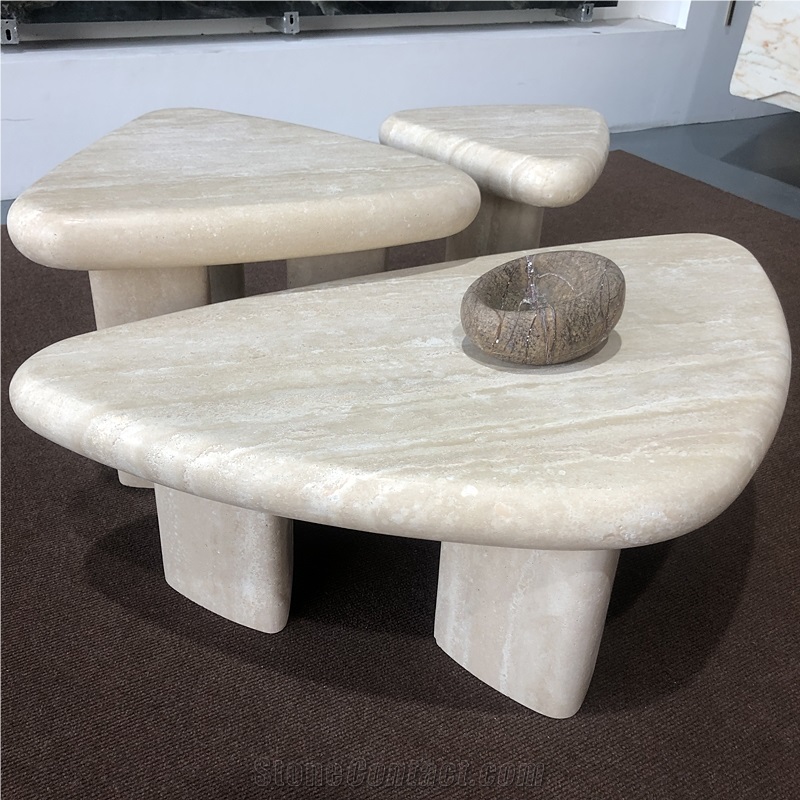 Round-Sided Triangle Shaped Travertine Coffee Table