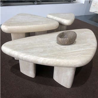 Round-Sided Triangle Shaped Travertine Coffee Table