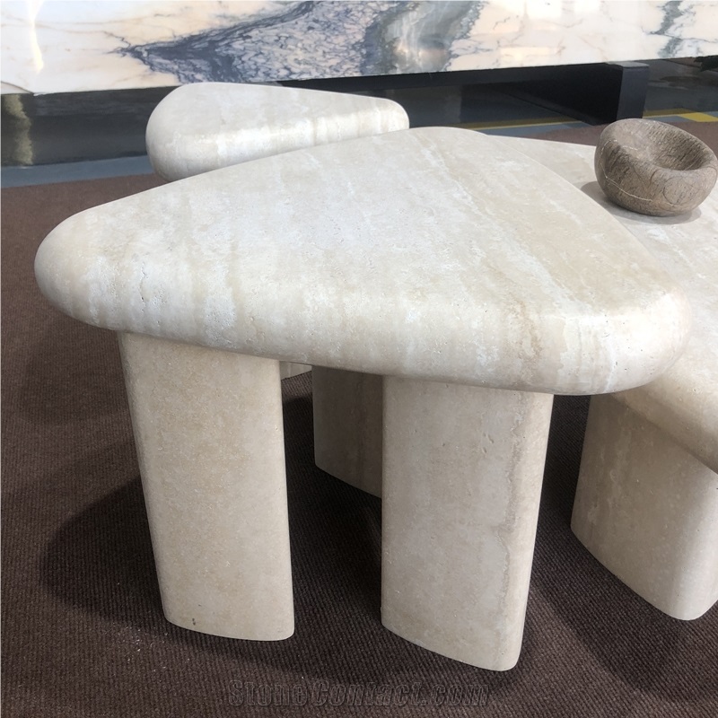 Round-Sided Triangle Shaped Travertine Coffee Table