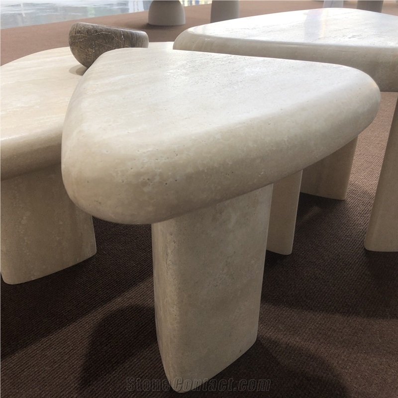 Round-Sided Triangle Shaped Travertine Coffee Table
