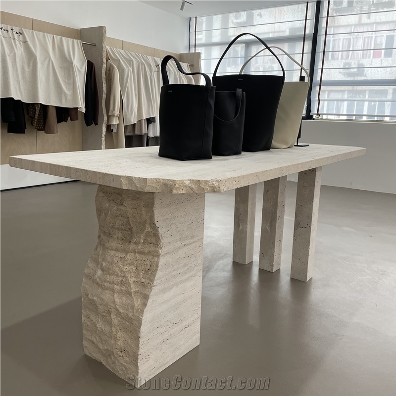 Truncated Shape White Travertine Commercial Table
