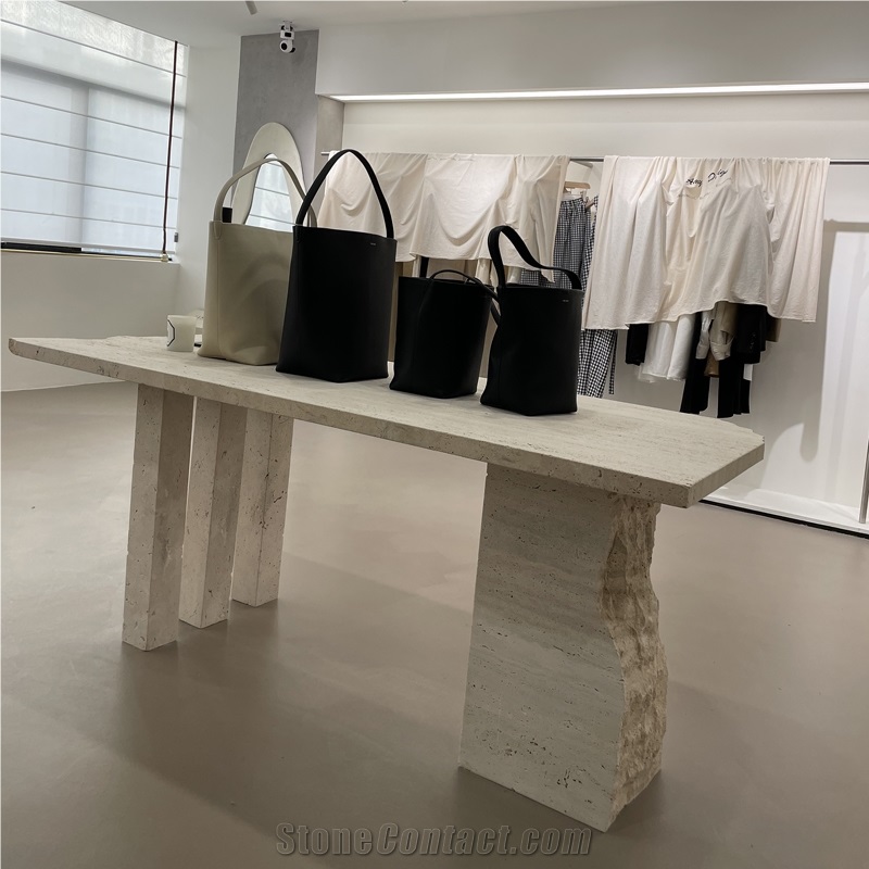 Truncated Shape White Travertine Commercial Table