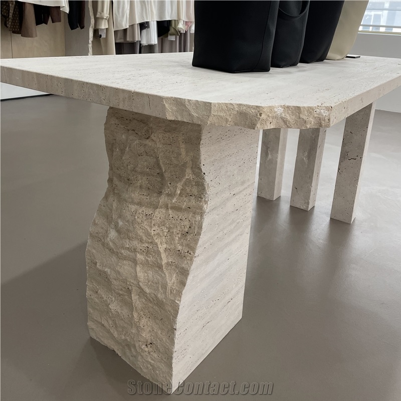 Truncated Shape White Travertine Commercial Table