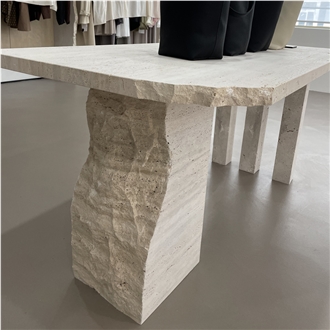 Truncated Shape White Travertine Commercial Table