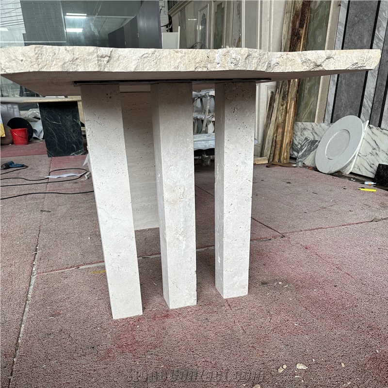 Truncated Shape White Travertine Commercial Table