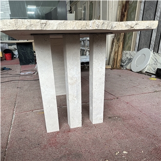 Truncated Shape White Travertine Commercial Table