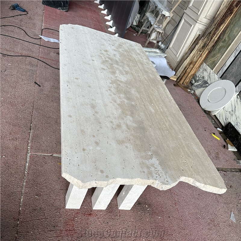 Truncated Shape White Travertine Commercial Table