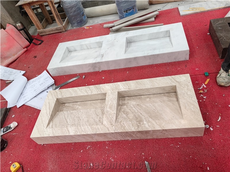 GOLDTOP High Quality Cappuccino Marble Double Sink Bathroom Countertop Units