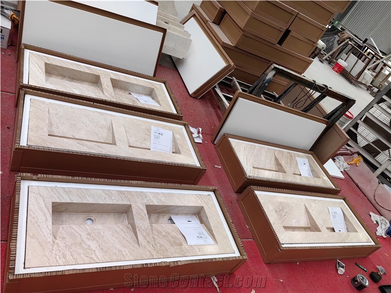 GOLDTOP High Quality Cappuccino Marble Double Sink Bathroom Countertop Units