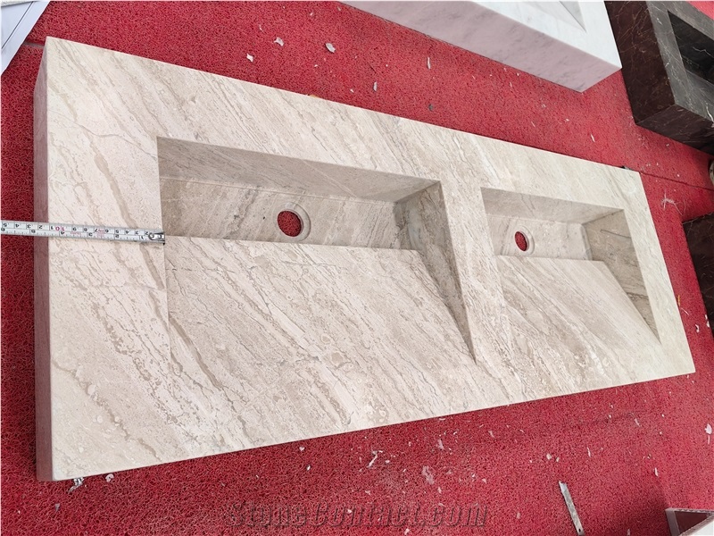 GOLDTOP High Quality Cappuccino Marble Double Sink Bathroom Countertop Units