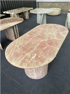Elegant Crystal Pink Onyx Oval Dining Table Top
