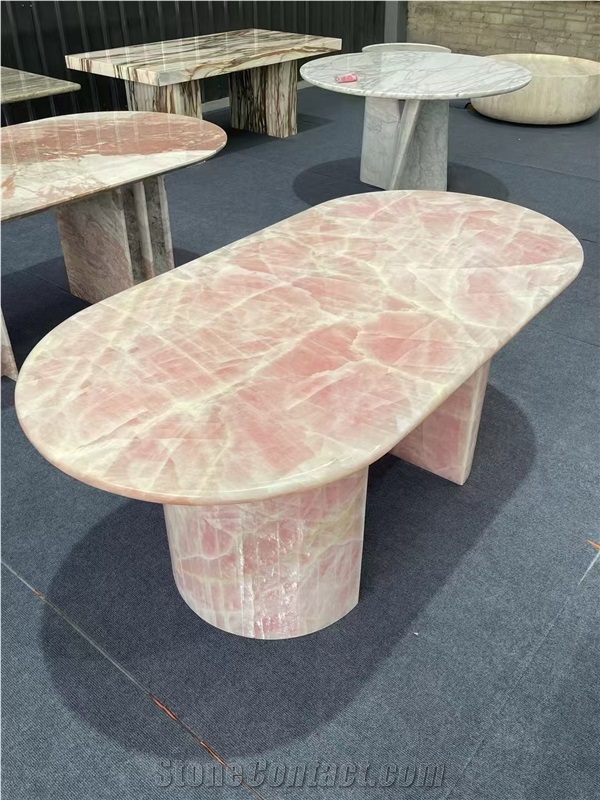 Elegant Crystal Pink Onyx Oval Dining Table Top
