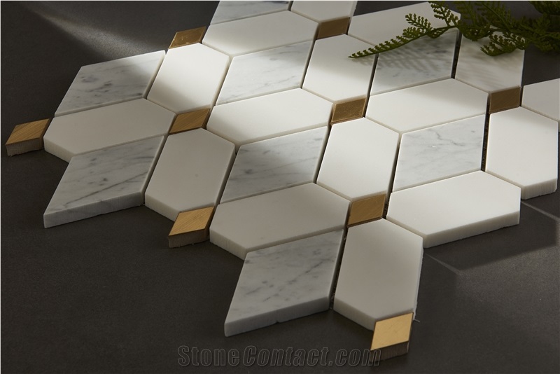 White Marble Inlaid With Black Marble Mosaic Tiles