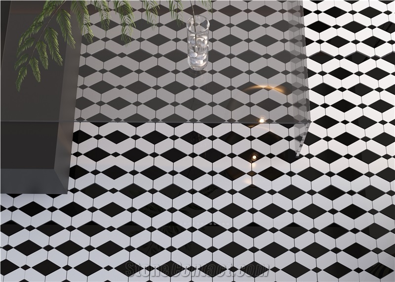 White Marble Inlaid With Black Marble Mosaic Tiles