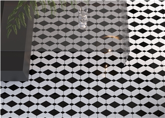 White Marble Inlaid With Black Marble Mosaic Tiles