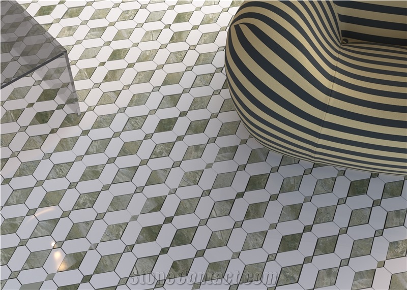 White Marble Inlaid With Black Marble Mosaic Tiles
