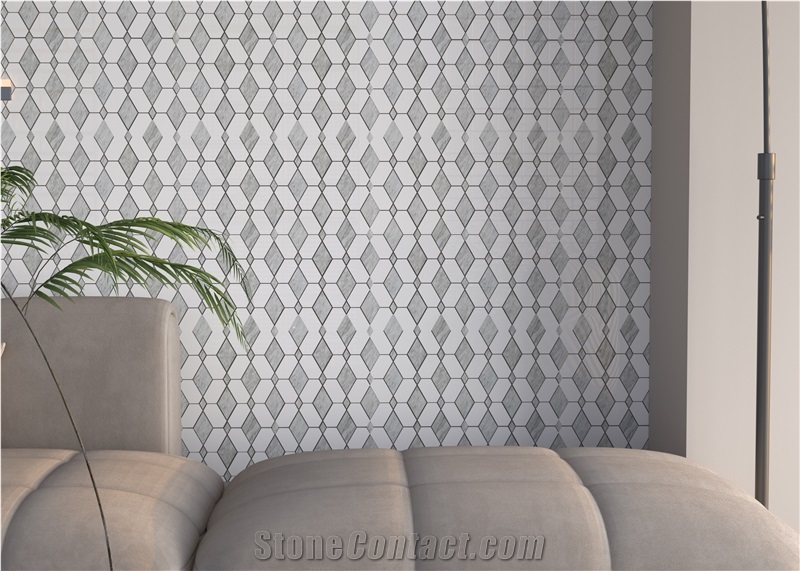 White Marble Inlaid With Black Marble Mosaic Tiles