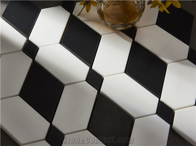 White Marble Inlaid With Black Marble Mosaic Tiles