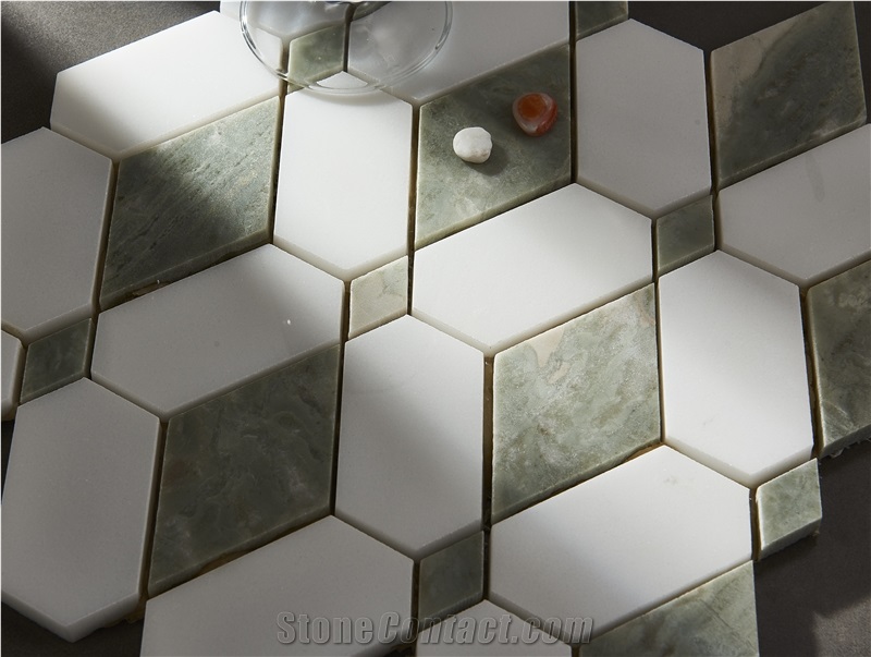 White Marble Inlaid With Black Marble Mosaic Tiles
