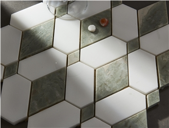 White Marble Inlaid With Black Marble Mosaic Tiles