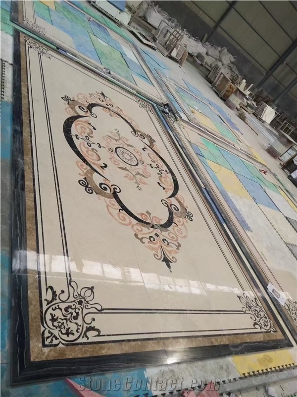 Beige Marble Inlay Flooring Design Waterjet Medallion