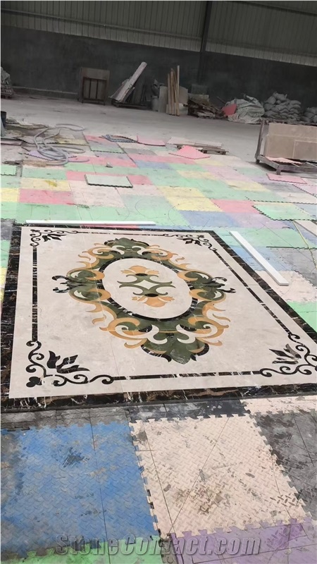 Beige Marble Inlay Flooring Design Waterjet Medallion
