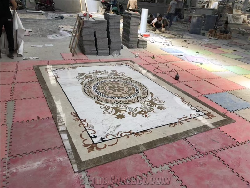 Beige Marble Inlay Flooring Design Waterjet Medallion