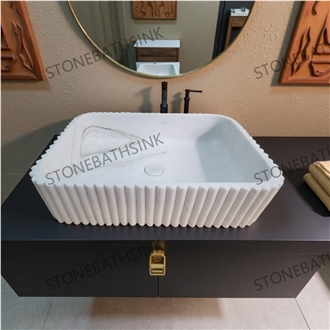 Star White Marble Wash Basin With Flower Designs