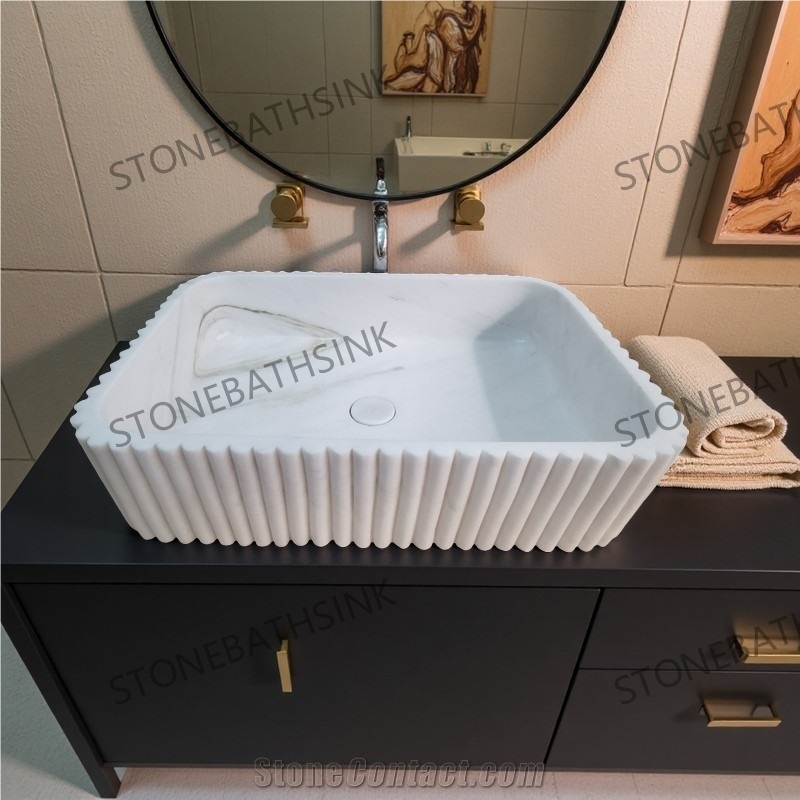 Star White Marble Wash Basin With Flower Designs