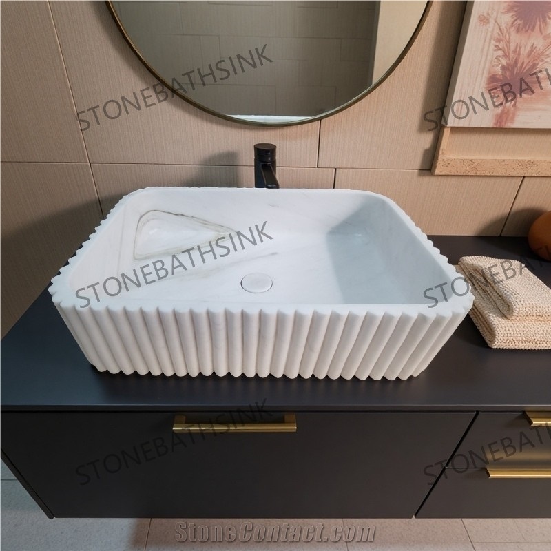 Star White Marble Wash Basin With Flower Designs