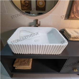 Star White Marble Wash Basin With Flower Designs