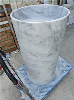 Solid Statuario Carrara Marble Pedestal Wash Basin For Bath