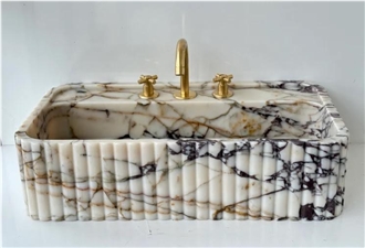 Wall-Mounted Fluted Luxury Calacatta Viola Marble Bathroom Sink