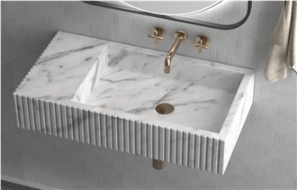 Wall-Mounted Fluted Statuario Venato Marble Bathroom Sink