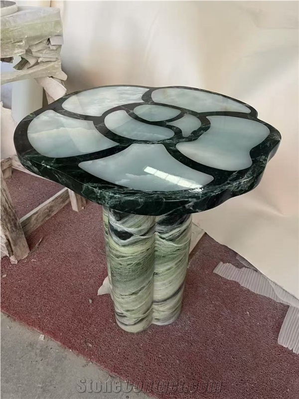 Waterjet White Onyx Withe Green Marble Coffee Table Set