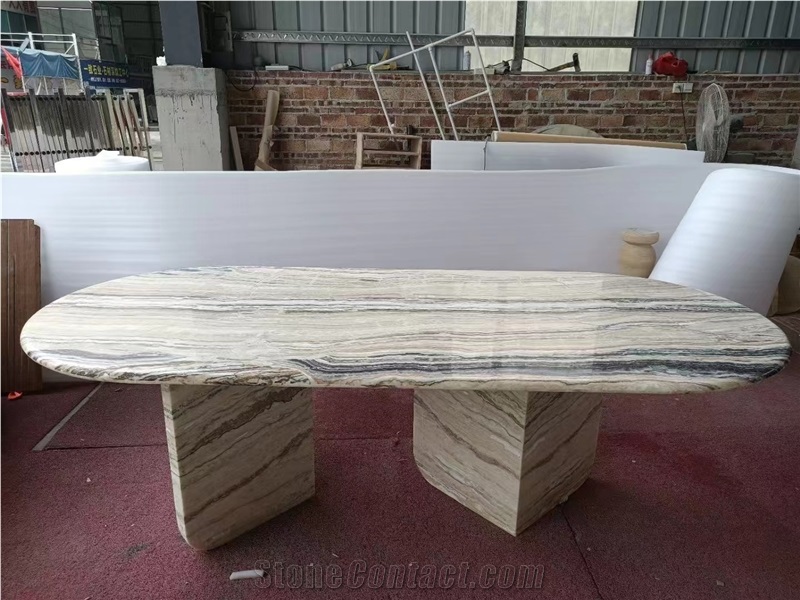 Silver Travertine Dining Table With Round Corner