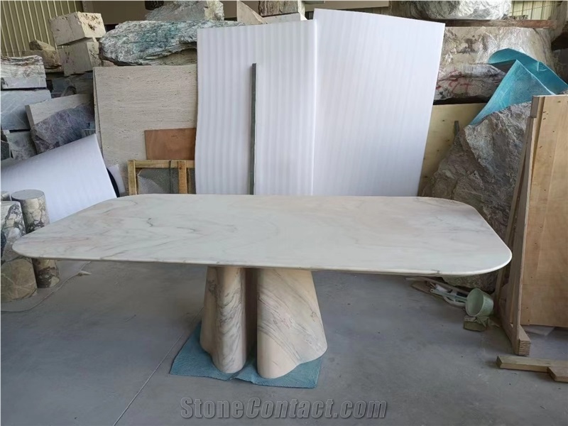 Silver Travertine Dining Table With Round Corner
