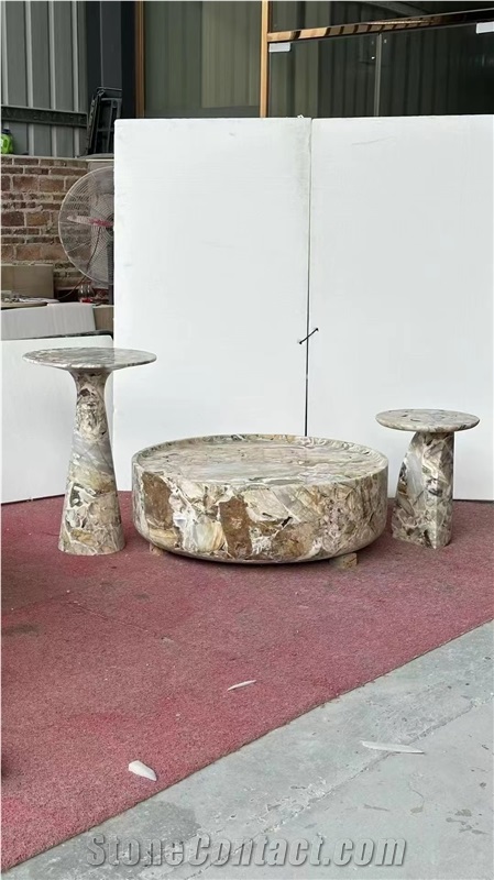 Silver Travertine Dining Table With Round Corner