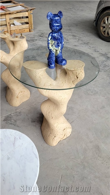 Tree Shape Travertine Table Leg With Glass Top