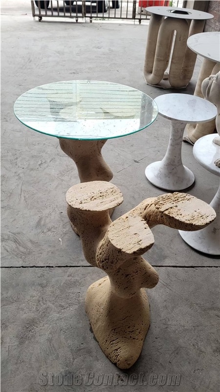 Tree Shape Travertine Table Leg With Glass Top