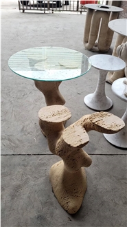 Tree Shape Travertine Table Leg With Glass Top