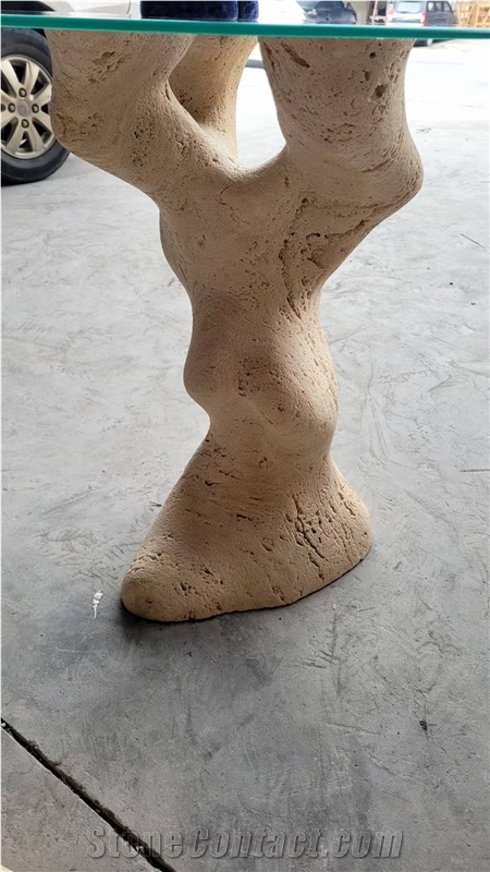 Tree Shape Travertine Table Leg With Glass Top