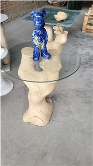 Tree Shape Travertine Table Leg With Glass Top
