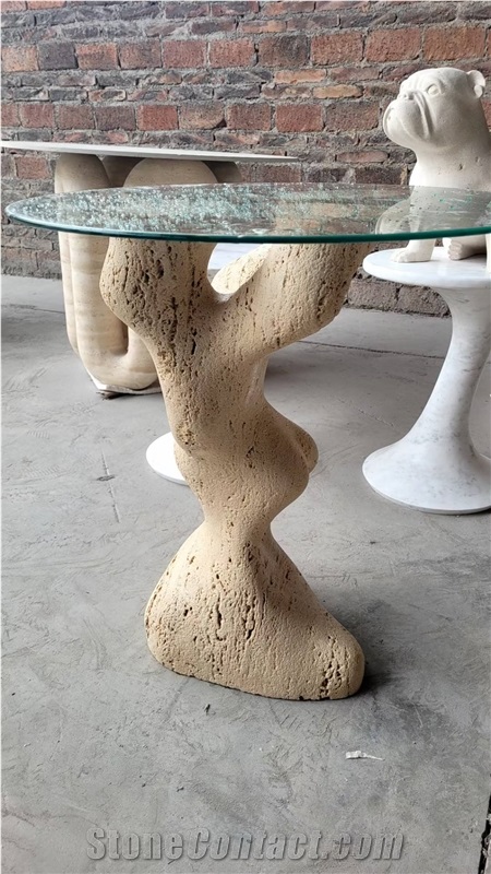 Tree Shape Travertine Table Leg With Glass Top