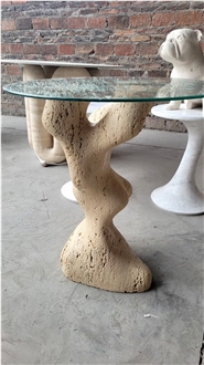 Tree Shape Travertine Table Leg With Glass Top