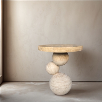 Abstract Art Style Leg Beige Travertine Side Table