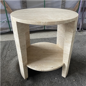 Casual Style Embedded Beige Travertine Side Table