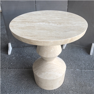 Chess Style Beige Travertine Side Table